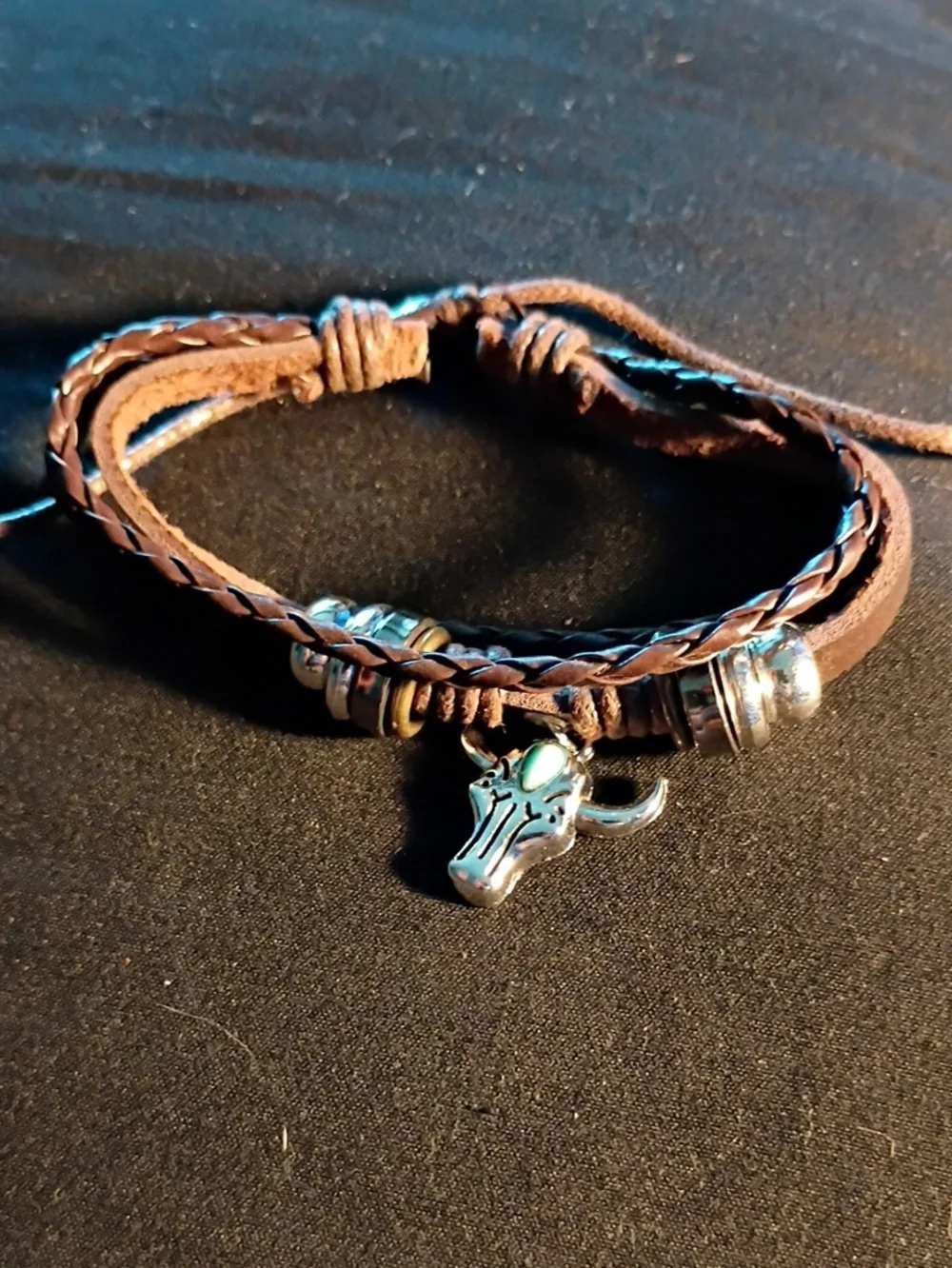 Brown Leather Braided Men’s Bracelet with Bull Head Charm